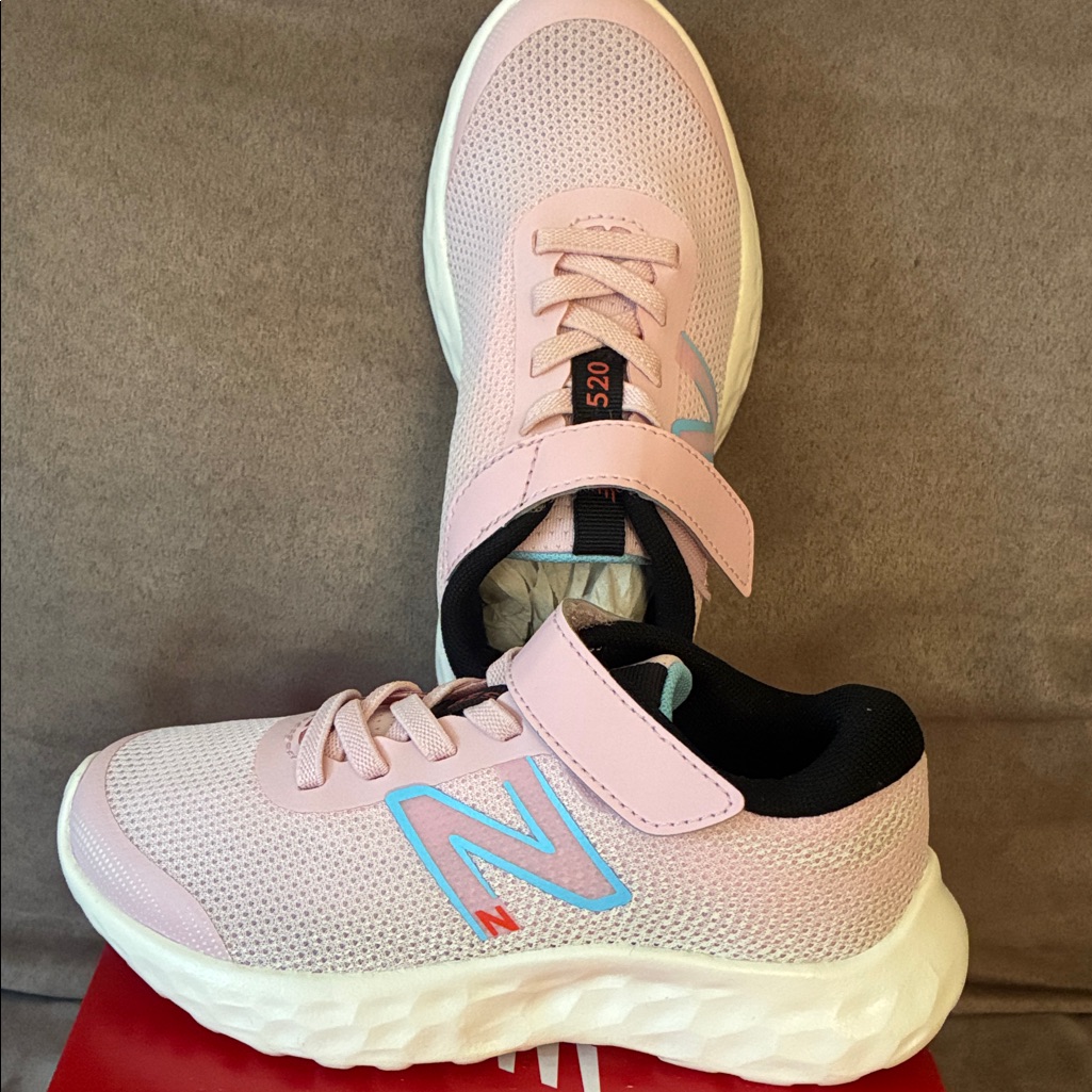 New Balance 520v8 Bungee Lace. Kids Pink And Blue Athletic Sneakers